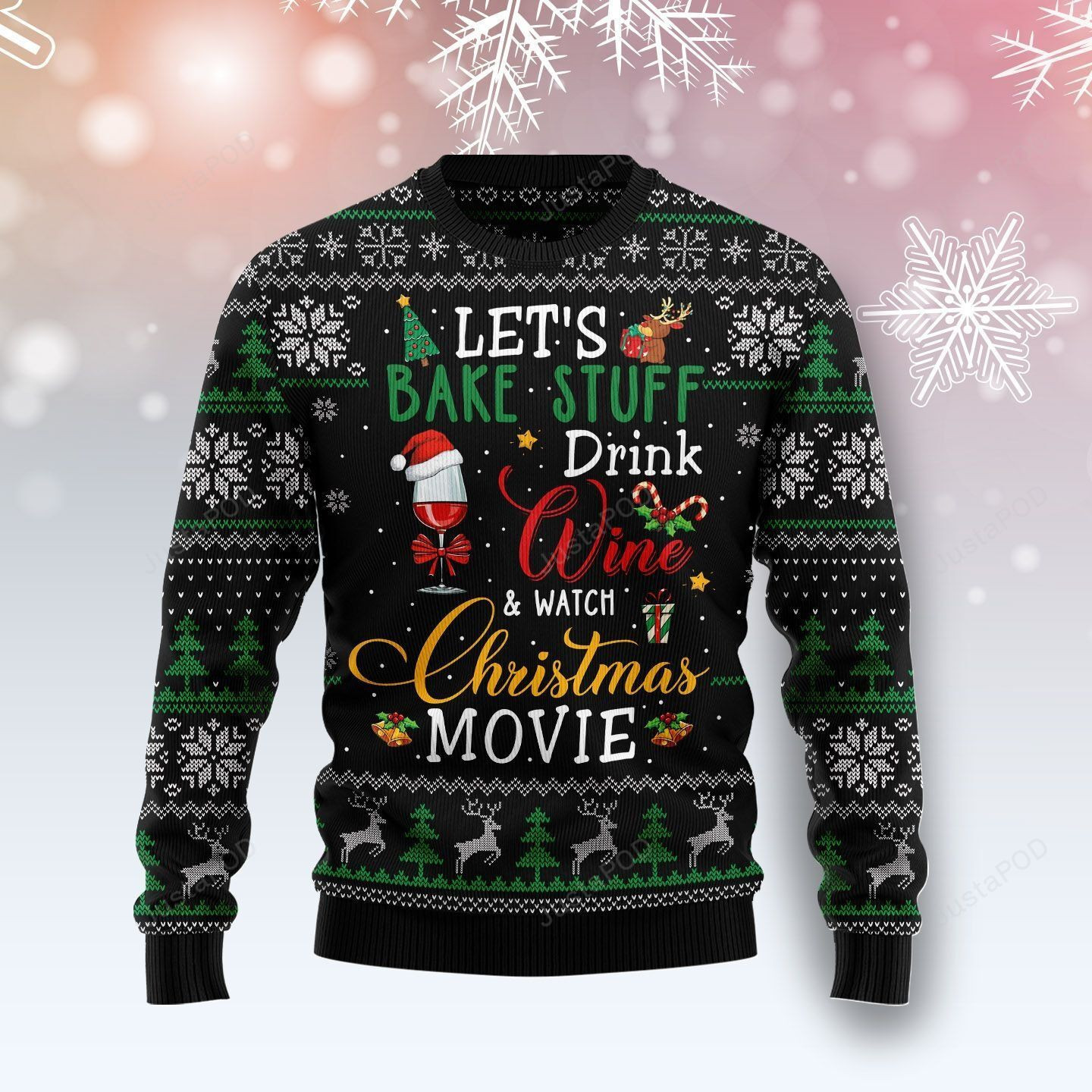 Drink Wine Watch Christmas Movie Ugly Christmas Sweater Adult 3D Funny Matching for family