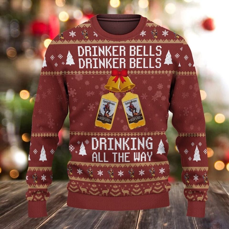Drinker Bells Drinking All The Way Ugly Christmas Sweater, Captain Morgan Sweater - Image 2
