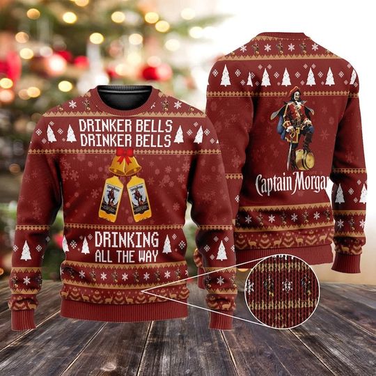 Drinker Bells Drinking All The Way Ugly Christmas Sweater, Captain Morgan Sweater - Image 4