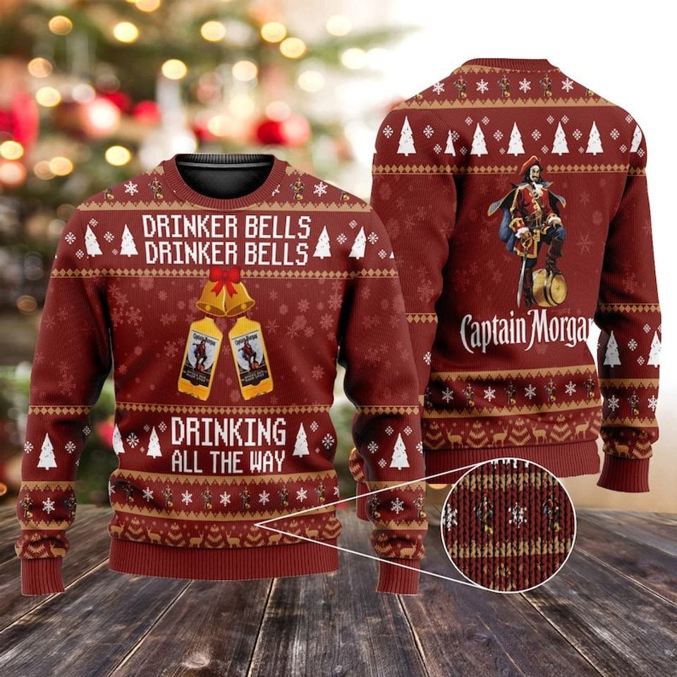 Drinker Bells Drinking All The Way Ugly Christmas Sweater, Captain Morgan Sweater