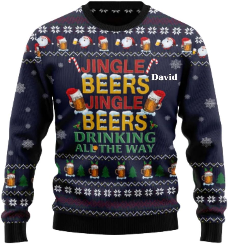 Drinking Beer All The Way Personalized Beer Custom Ugly Christmas Sweater