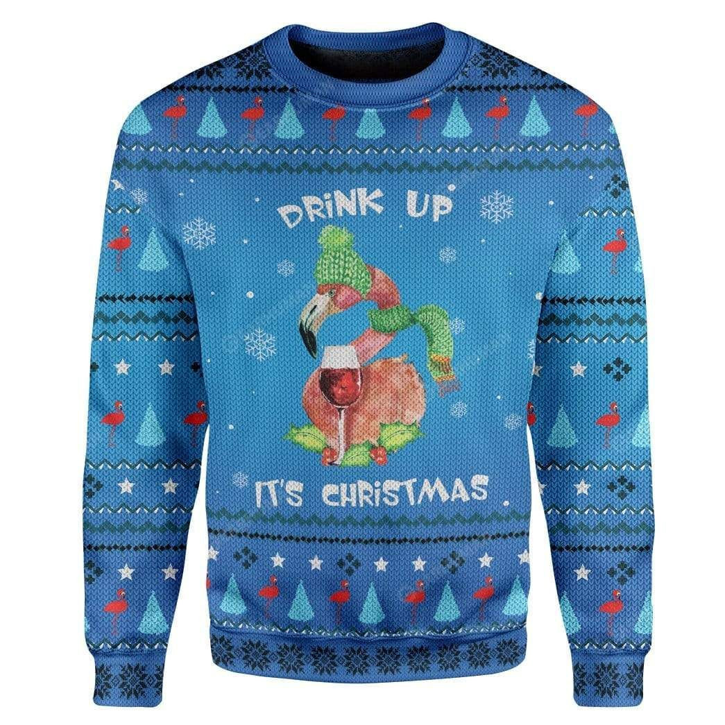 Drinking Flamingo Ugly Christmas Sweater Adult 3D Funny Matching for family