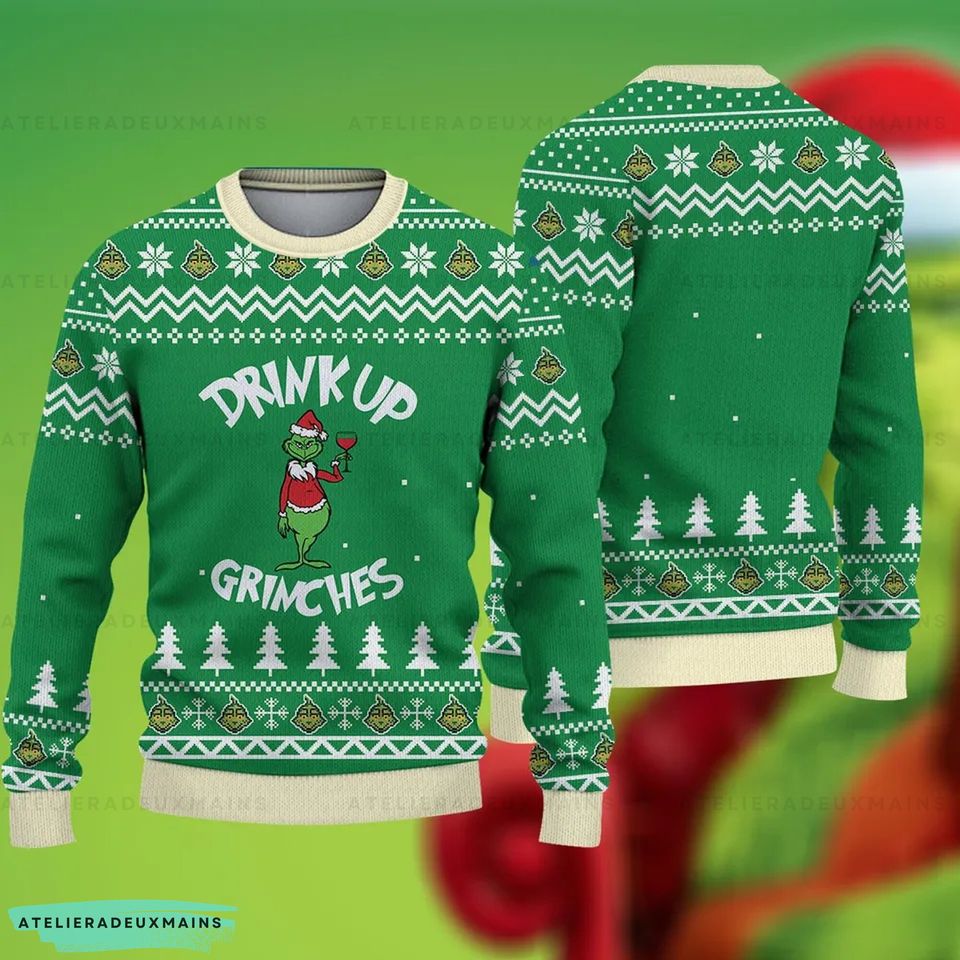 Drinkup Grinch Ugly Christmas Sweater - Festive Design