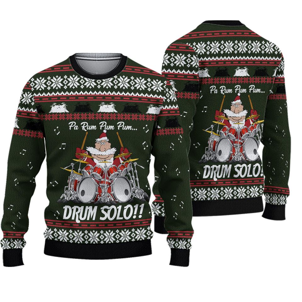 Drum Solo Funny Santa 3D Ugly Christmas Sweater