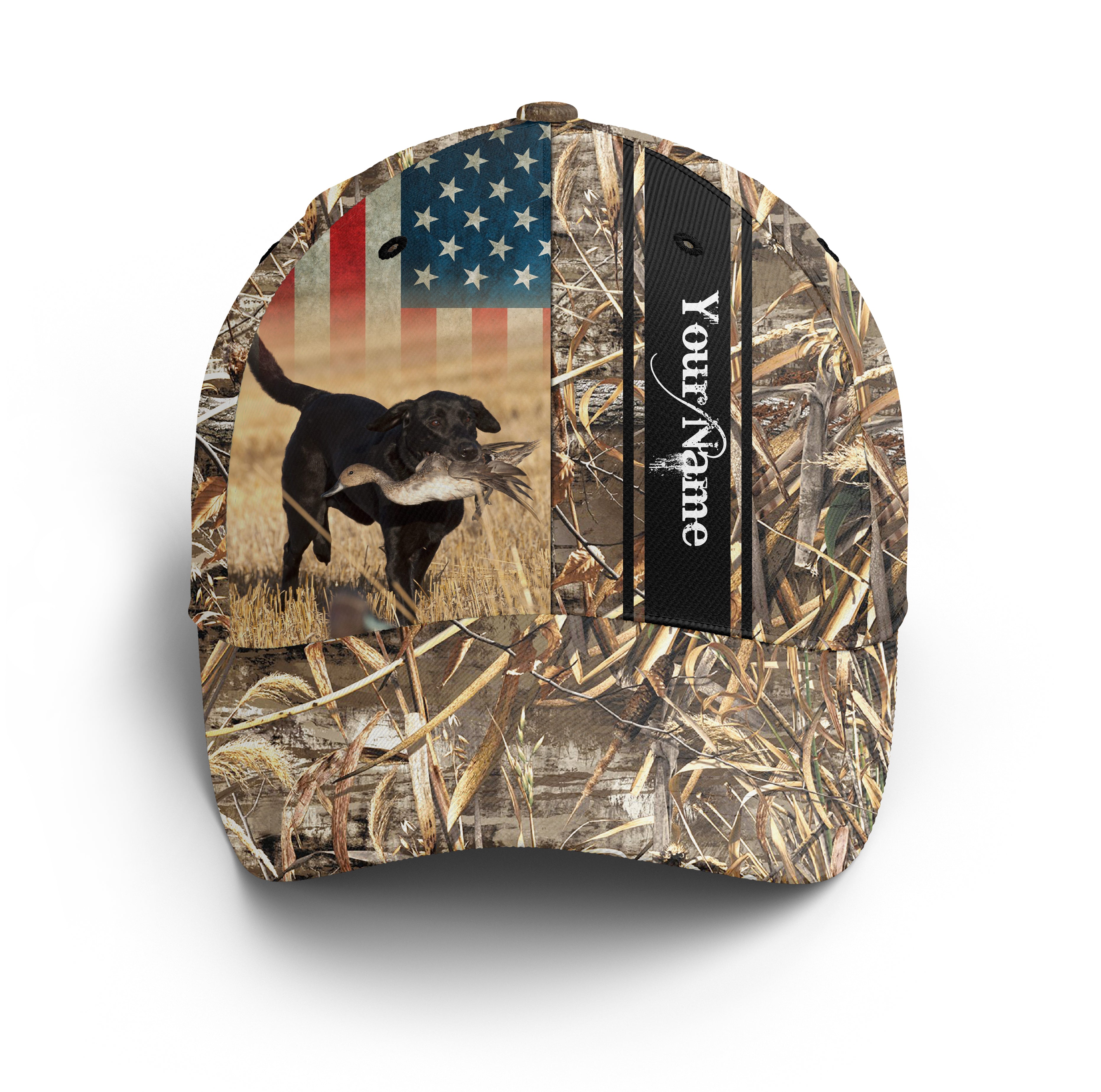 Duck Hunting Hats American Flag Black Labrador Custom Name Adjustable Mesh Baseball Hat, Fishing Classic Cap Trucker Hats Custom Hats Gifts For Men & Women