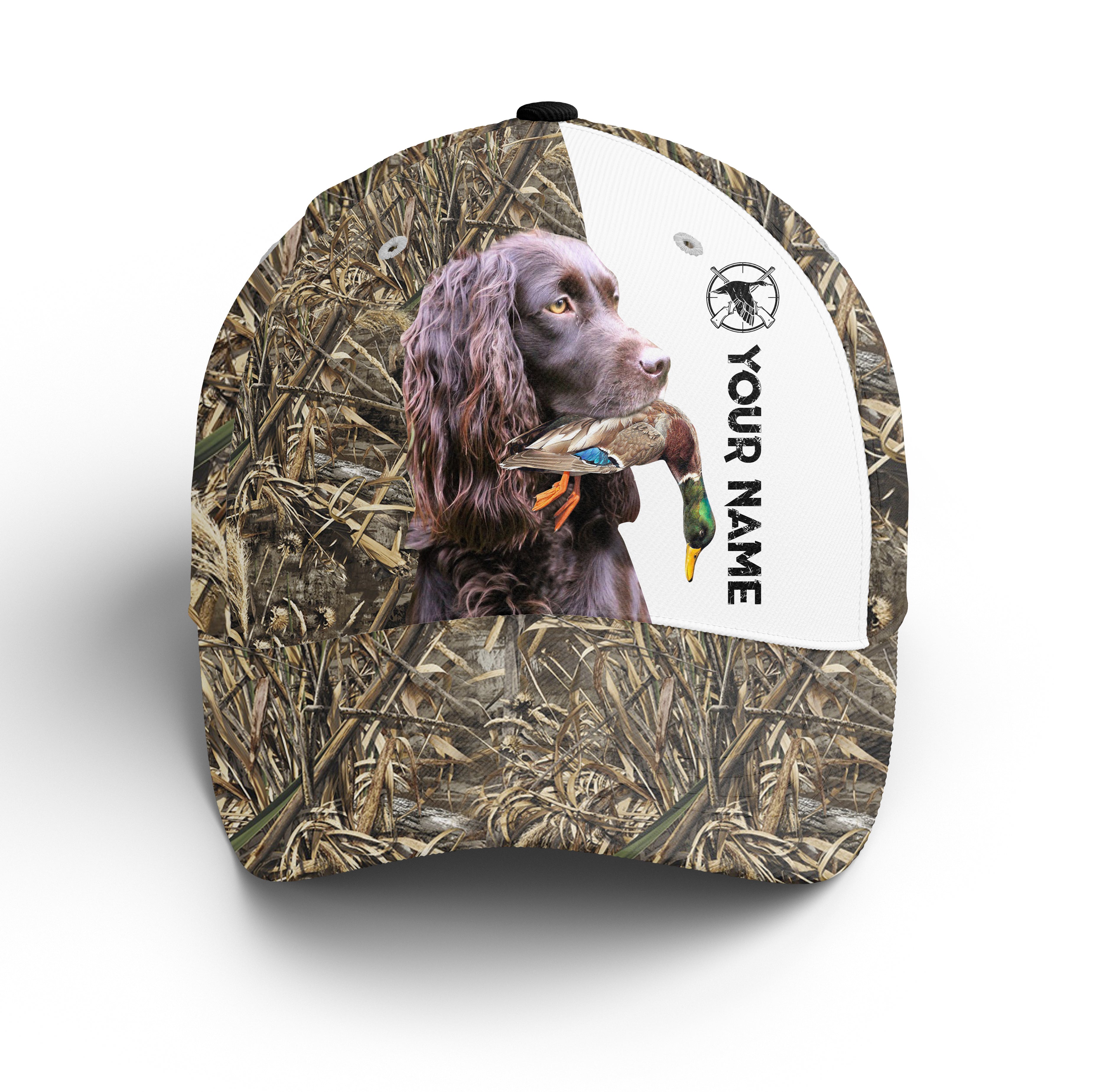 Duck Hunting With Dog Boykin Spaniel 3D Camo Custom Name Hunting Hat Adjustable Mesh Unisex Hunting Baseball Hat, Fishing Classic Cap Trucker Hats Custom Hats Gifts For Men & Women