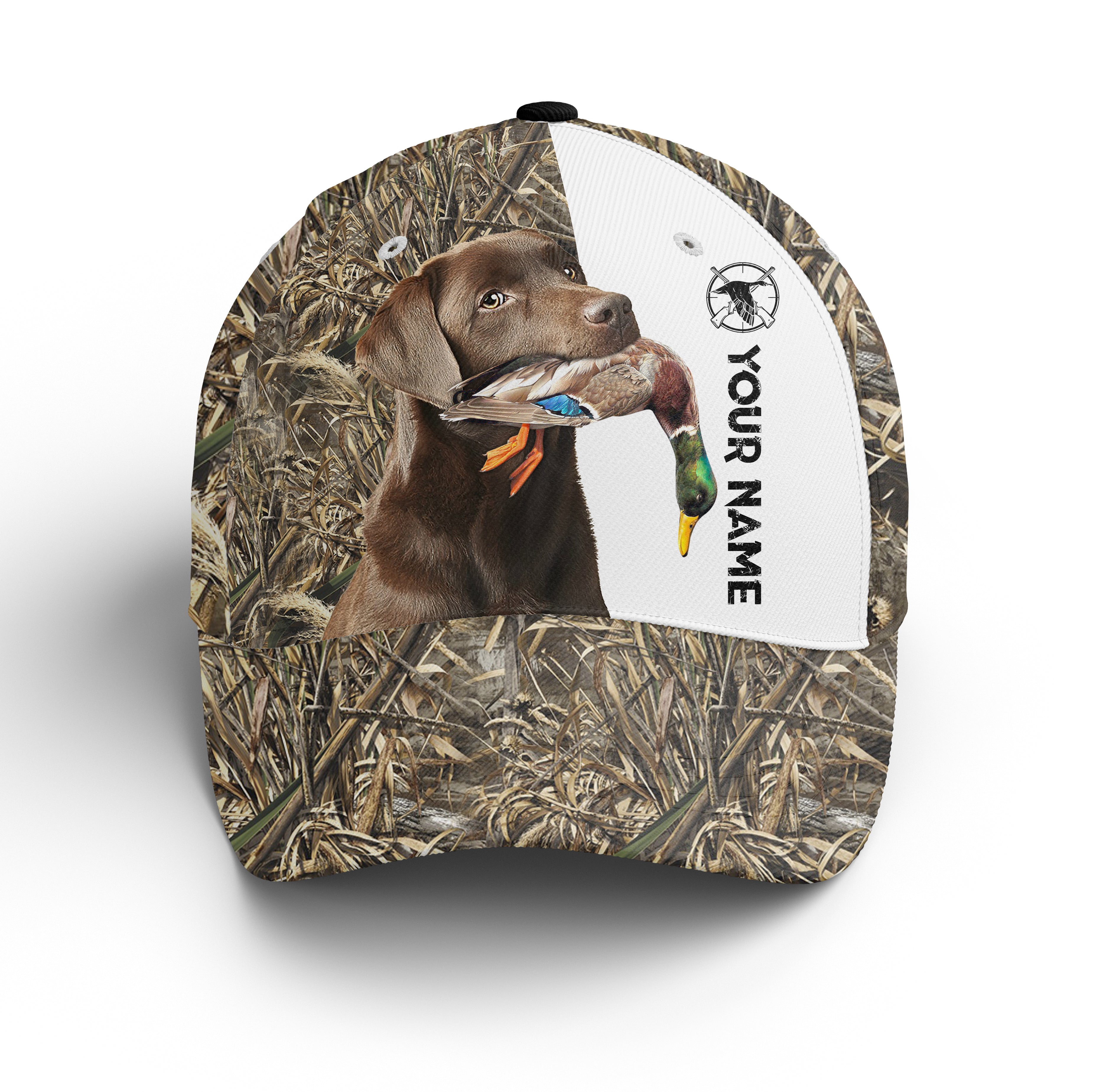 Duck Hunting With Dog Chocolate Labrador Retriever 3D Camo Custom Name Hunting Hat Adjustable Mesh Unisex Hunting Baseball Hat, Fishing Classic Cap Trucker Hats Custom Hats Gifts For Men & Women