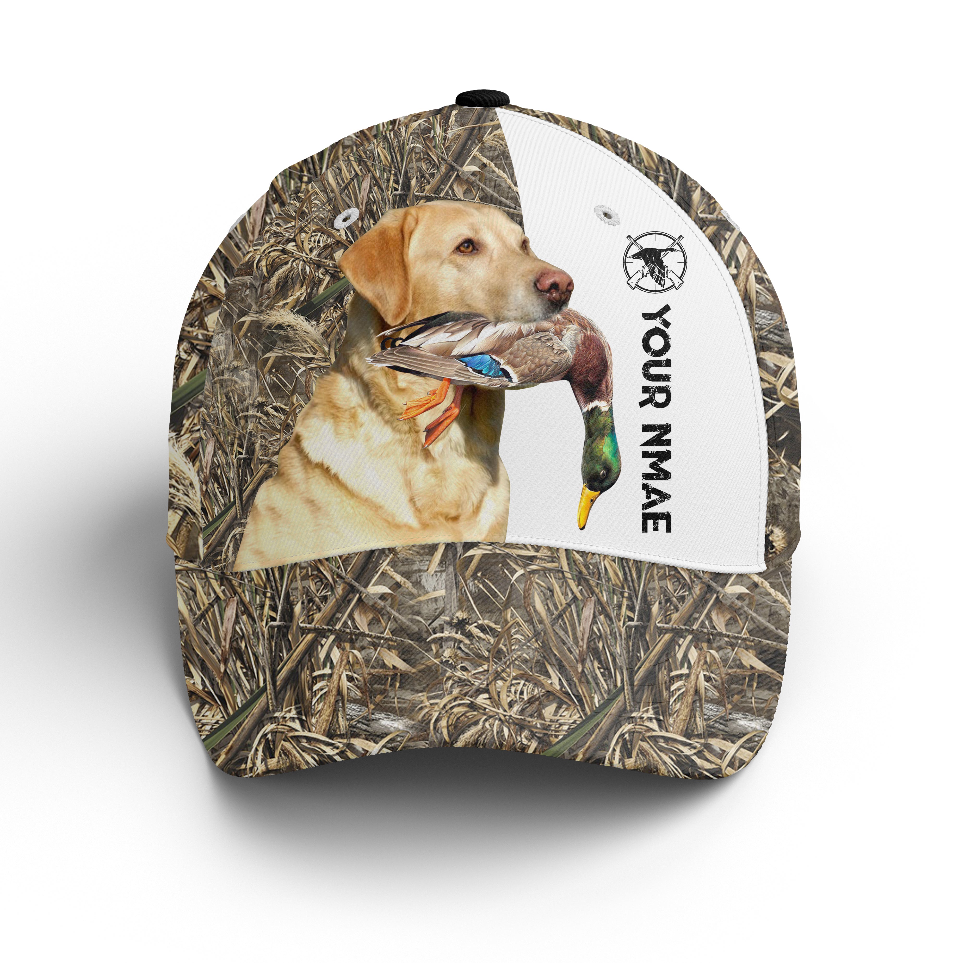 Duck Hunting With Yellow Labrador Retriever 3D Camo Custom Name Hunting Hat Adjustable Mesh Unisex Hunting Baseball Hat, Fishing Classic Cap Trucker Hats Custom Hats Gifts For Men & Women