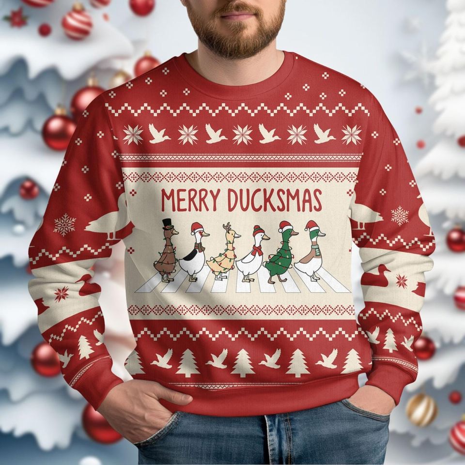 Duck Lights Christmas Ugly Sweater, Merry Duckmas Ugly Sweatshirt - Image 4