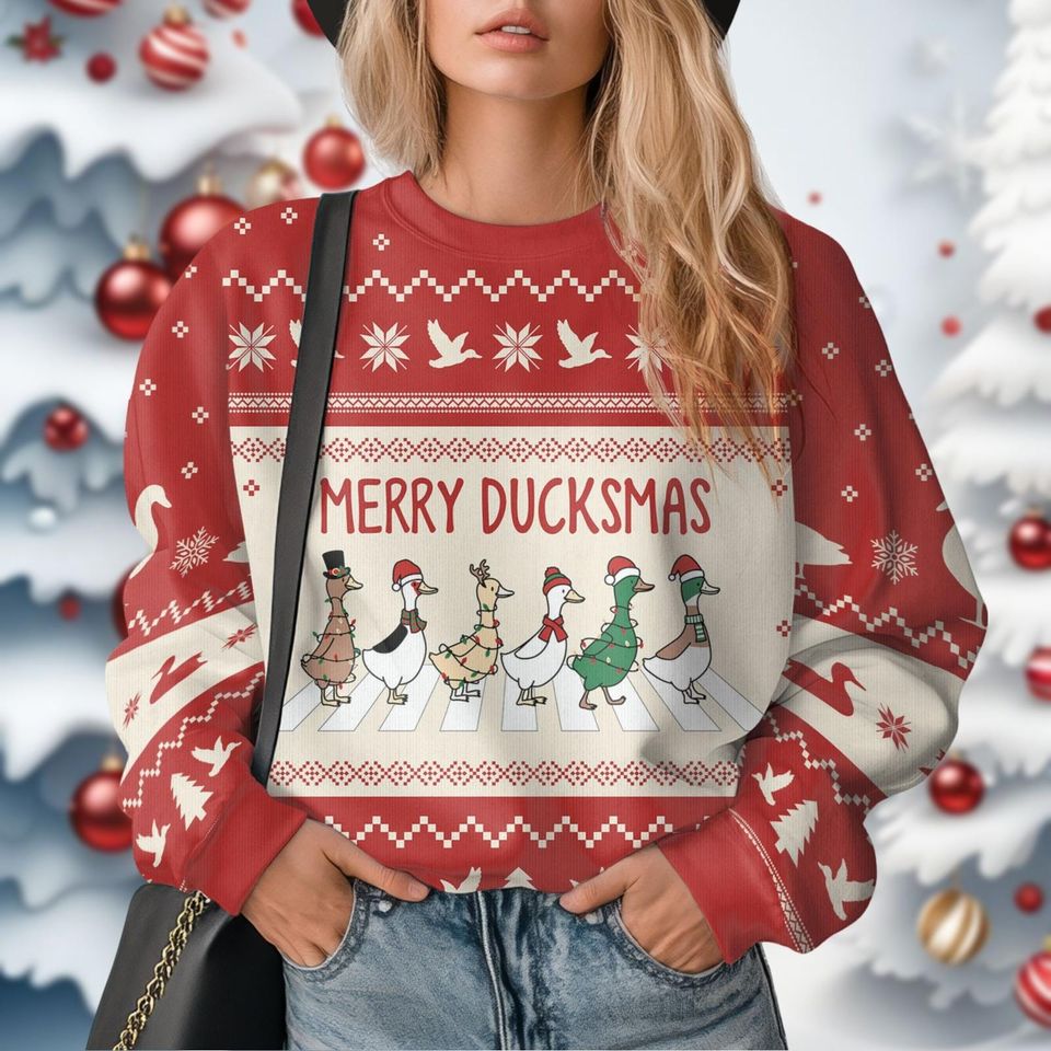 Duck Lights Christmas Ugly Sweater, Merry Duckmas Ugly Sweatshirt - Image 5