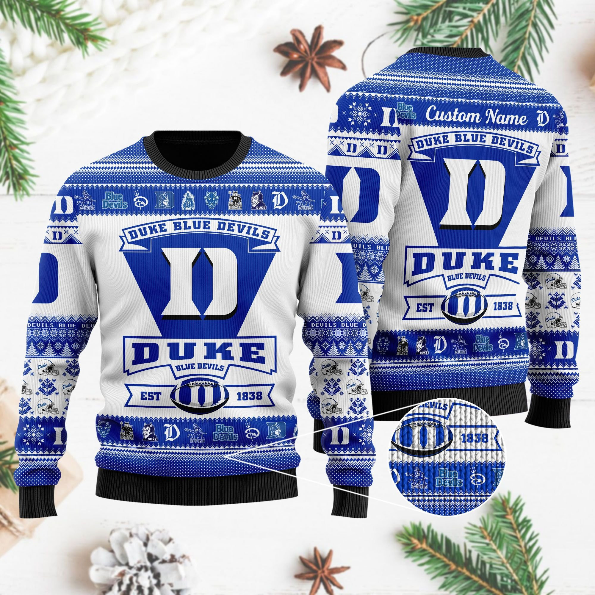 Duke Blue Devils Football Team Logo Custom Name Personalized Ugly Christmas Sweater Adult 3D Funny Matching for family