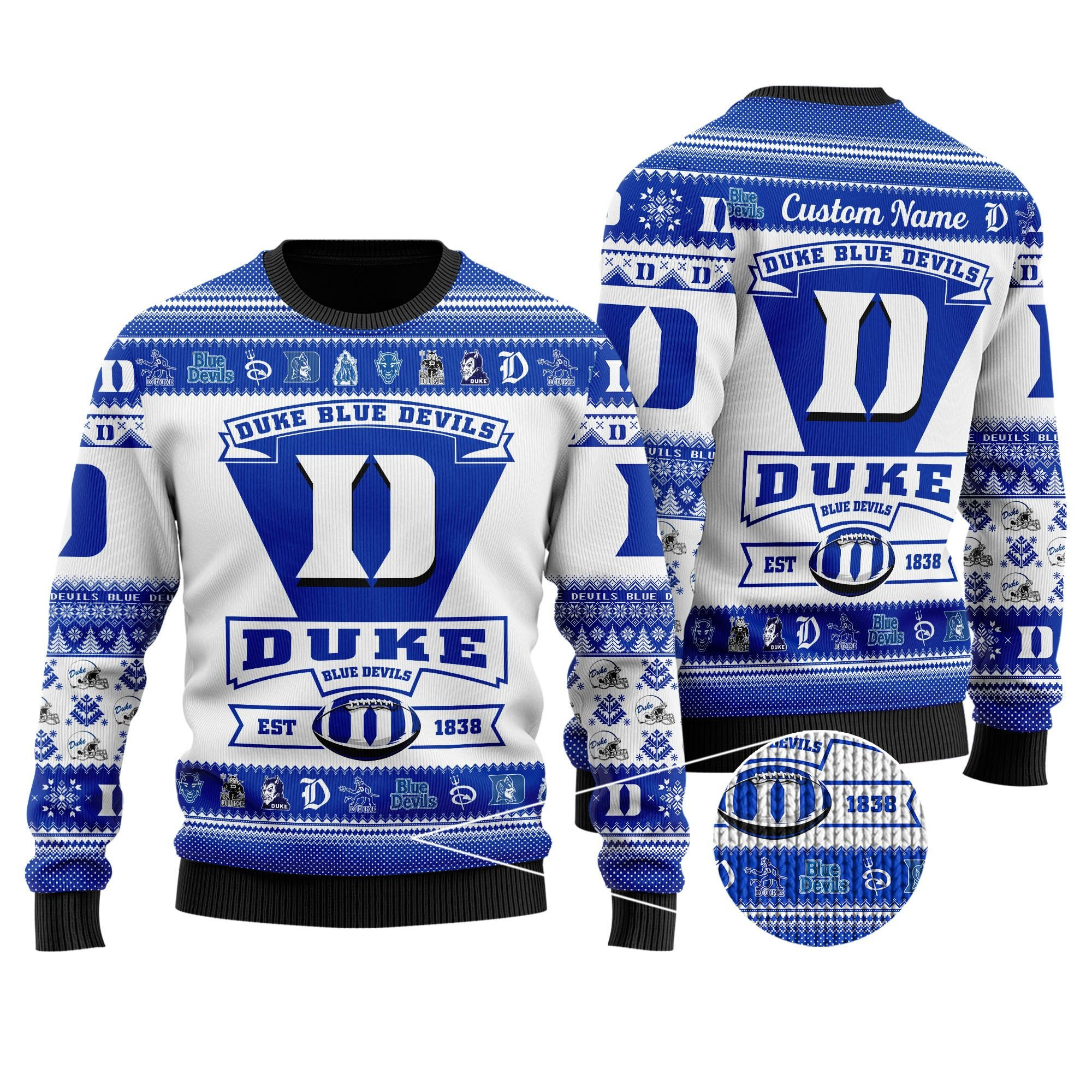 Duke Blue Devils Football Team Logo Custom Name Personalized Ugly Christmas Sweater Adult 3D Funny Matching for family - Image 2