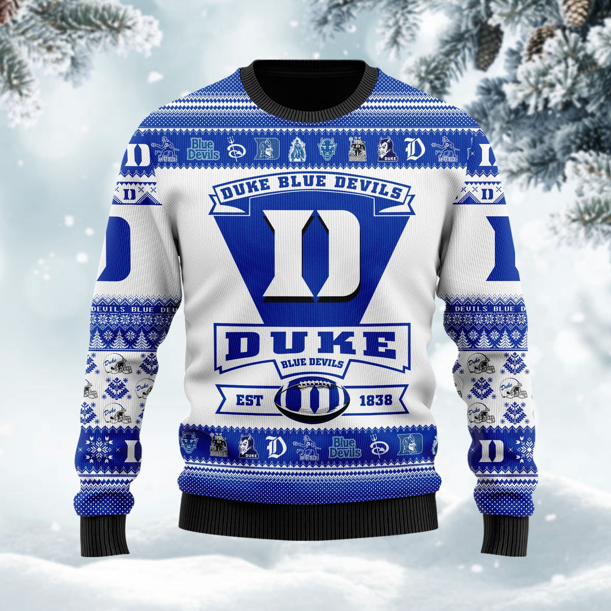 Duke Blue Devils Football Team Logo Custom Name Personalized Ugly Christmas Sweater Adult 3D Funny Matching for family - Image 3