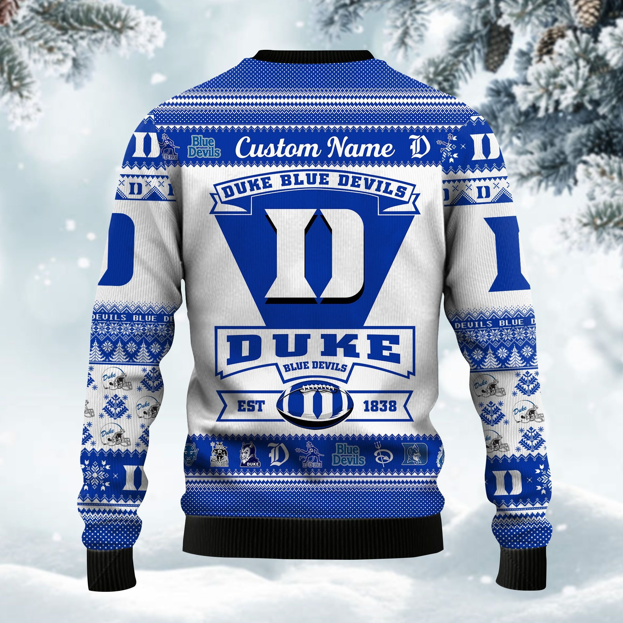 Duke Blue Devils Football Team Logo Custom Name Personalized Ugly Christmas Sweater Adult 3D Funny Matching for family - Image 4