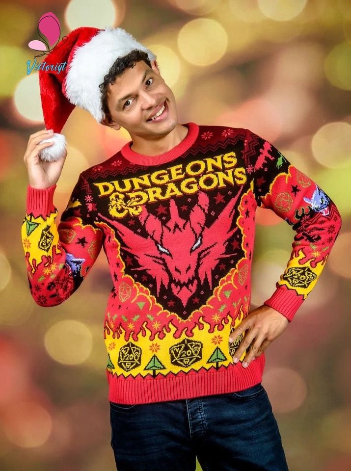 Dungeons & Dragons Seven Dice A-Rolling Ugly Christmas Sweater, Ugly Christmas Sweater