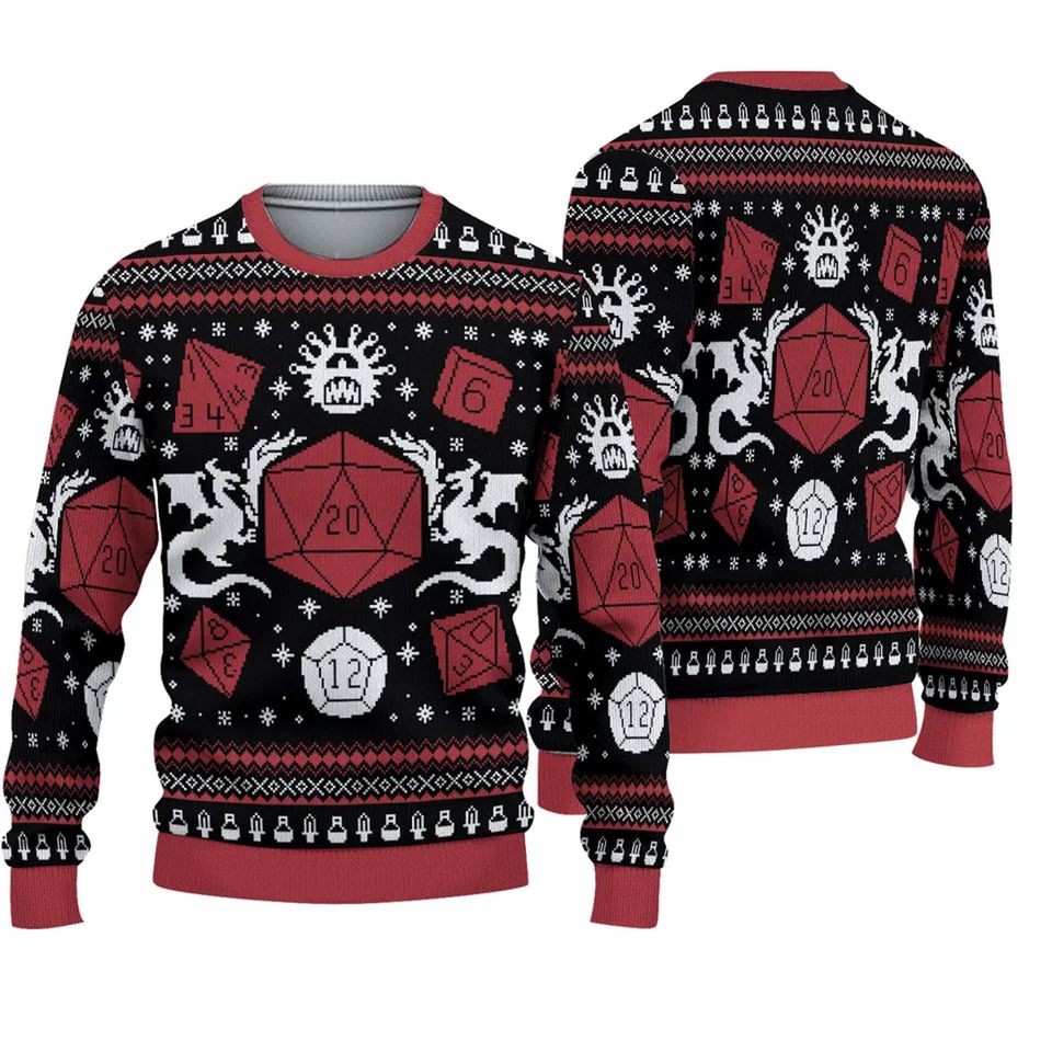 Dungeons & Dragons Seven Dice A-Rolling Ugly Xmas Sweater