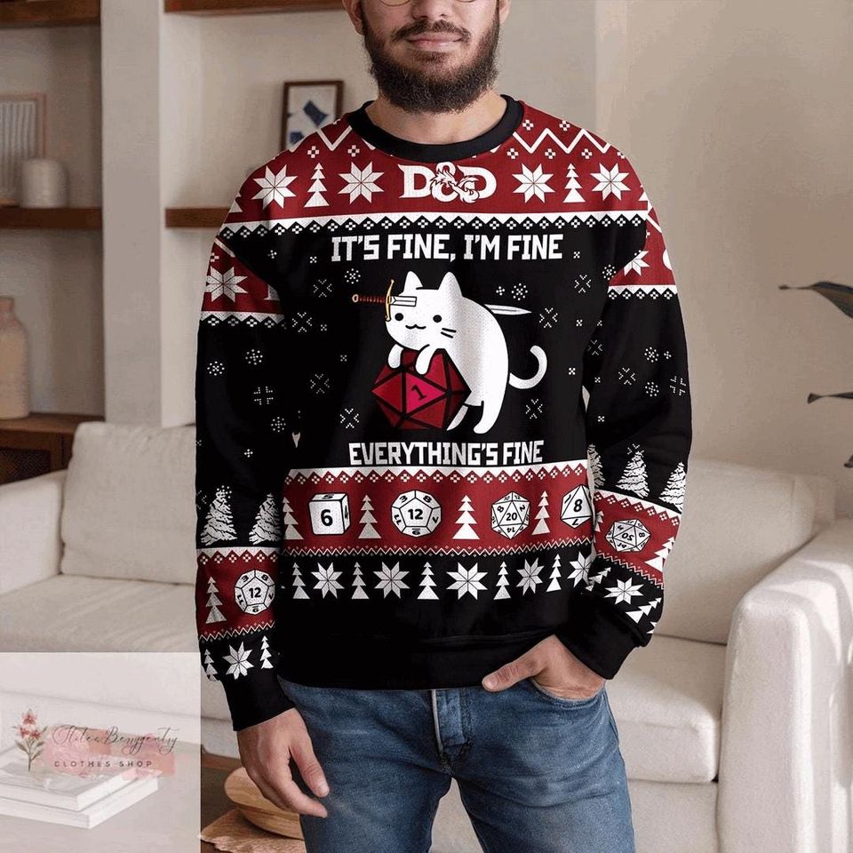 Dungeons and Dragons Christmas Ugly Sweater, Cat Dice Game Holiday