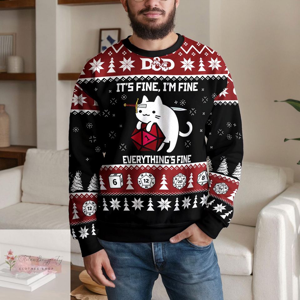 Dungeons and Dragons Christmas Ugly Sweater, Cat DND Dice Game Sweatshirt