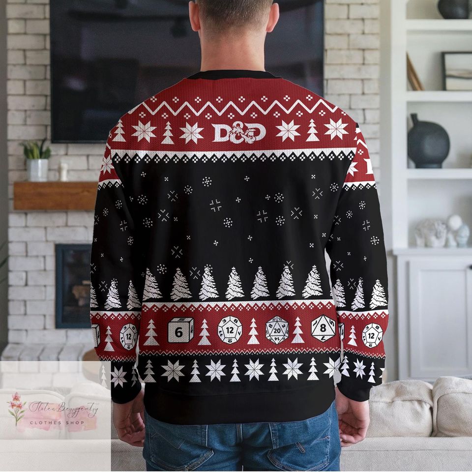 Dungeons and Dragons Christmas Ugly Sweater, Cat DND Dice Game Sweatshirt - Image 3