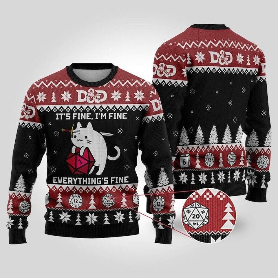 Dungeons and Dragons Christmas Ugly Sweater, Cat DND Dice Game Sweatshirt