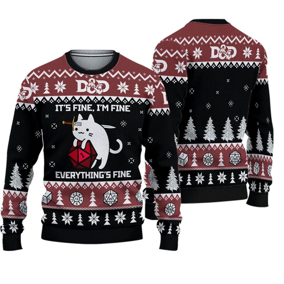 Dungeons and Dragons Christmas Ugly Sweater, Cat DND Dice Game Sweatshirt