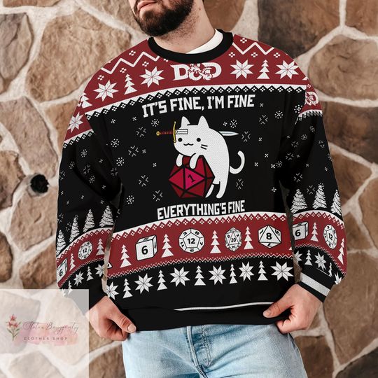 Dungeons and Dragons Christmas Ugly Sweater, Cat DND Dice Game Sweatshirt - Image 11