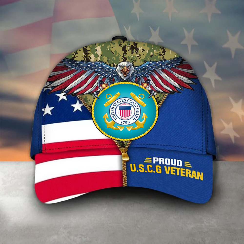 Eagle Proud U.S.C.G Veteran Hat US Coast Guard USA Flag Hat Gift Ideas For Veterans Trucker Hats Custom Hats Gifts For Men & Women
