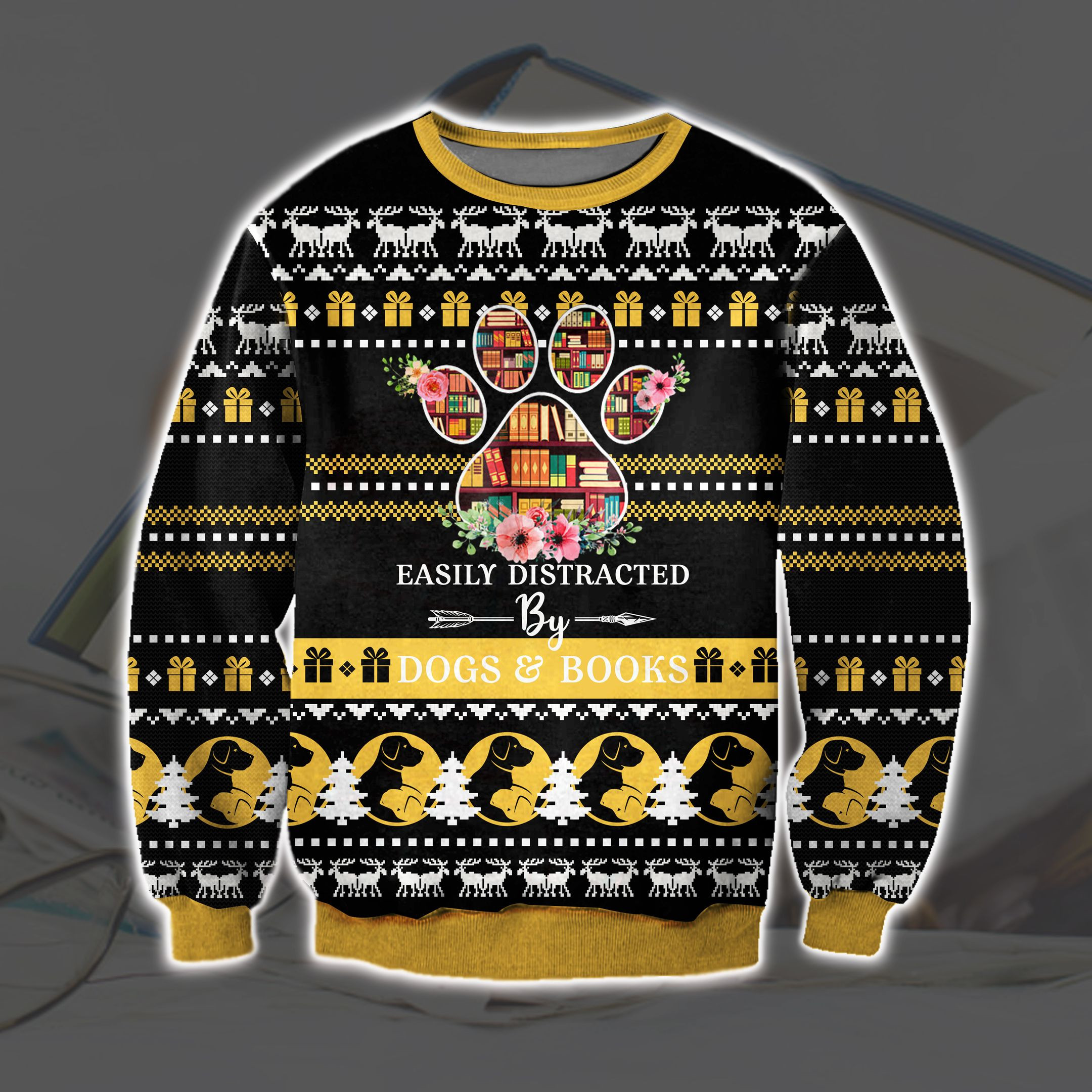 Easily Distracted By Dogs And Books 3D Print Ugly Christmas Sweater Adult 3D Funny Matching for family