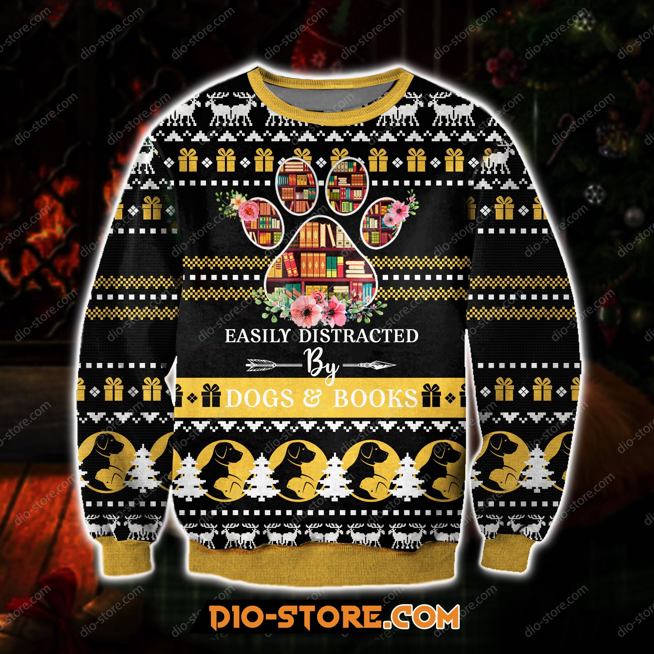 Easily Distracted By Dogs And Books For Unisex Ugly Christmas Sweater Adult 3D Funny Matching for family