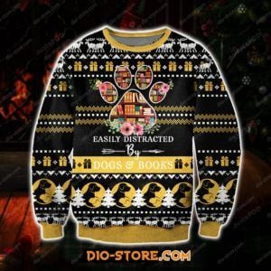 Easily Distracted By Dogs And Books Ugly Christmas Sweater Adult 3D Funny Matching for family