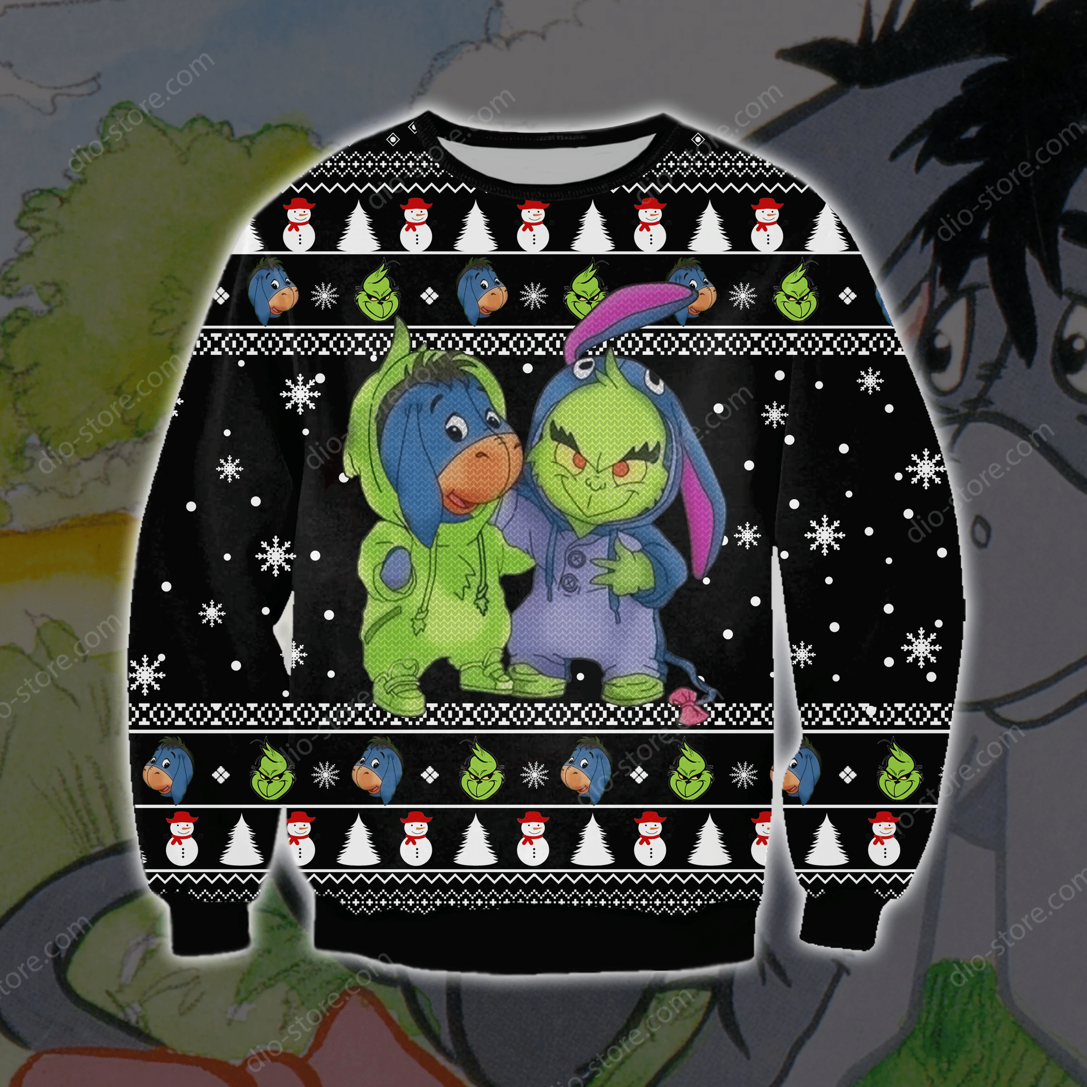 Eeyore And Grinch Funny Knitting Pattern 3D Print Ugly Christmas Sweater Adult 3D Funny Matching for family