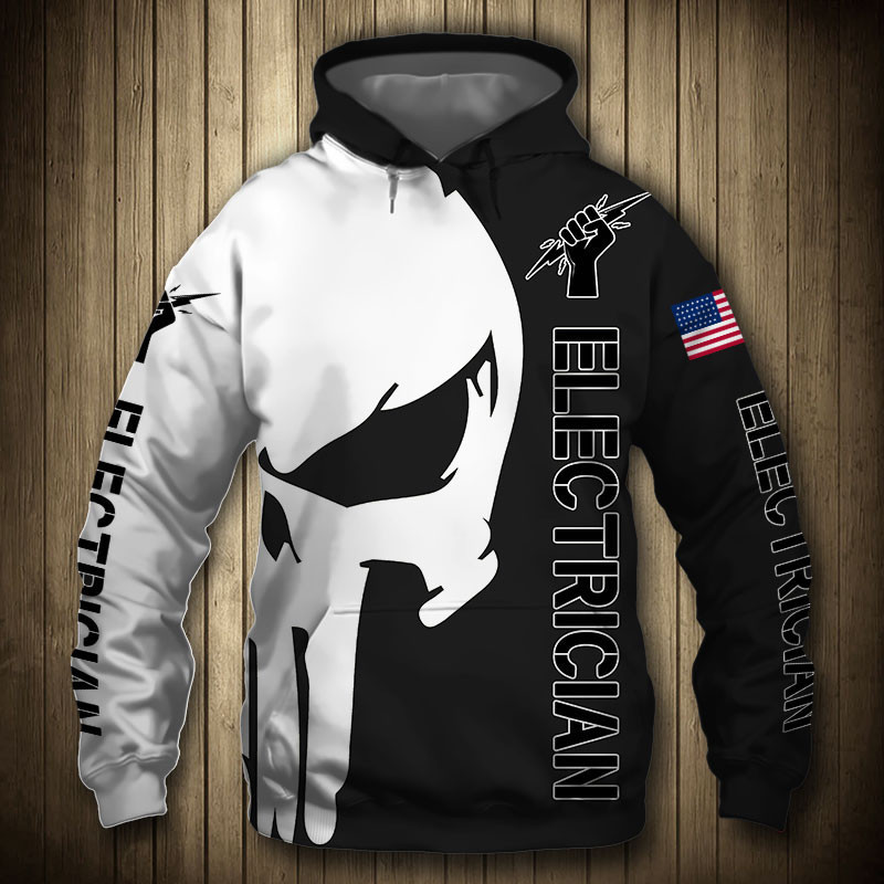 Electrician Punisher Skull US Flag Black White 3D All Over Print Hoodie, Zip Hoodie
