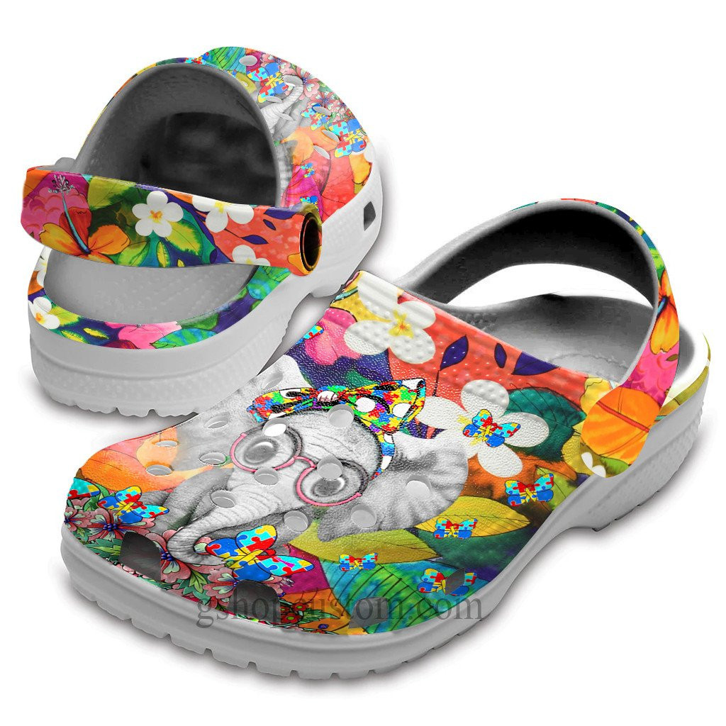 Elephant Autism Butterfly Flower Rainbow Shoes - Autism Awareness Be Kind Shoes Croc Clogs