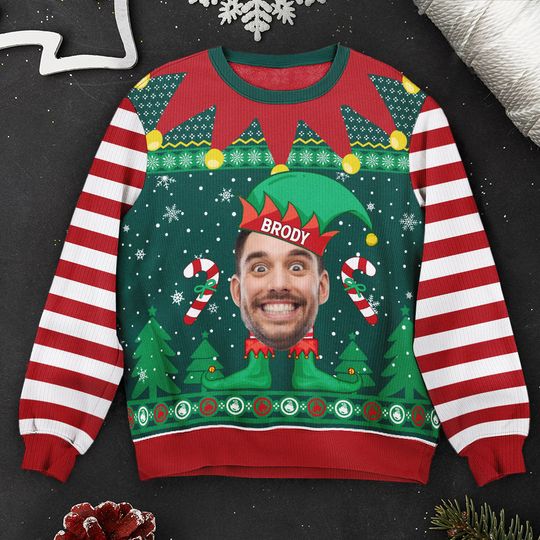 Elf Christmas Funny Face Family Name - Personalized Photo Ugly Sweater - Image 5