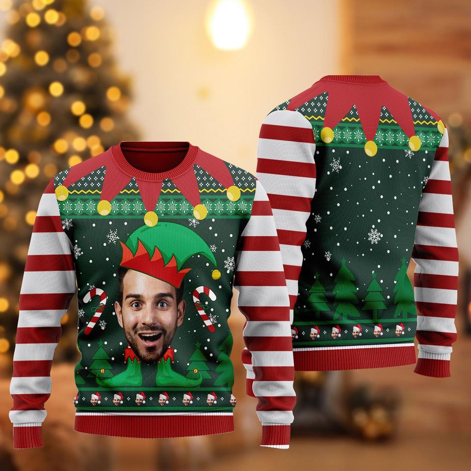 Elf Christmas Funny Face Sweater, Personalized Photo Ugly Sweater