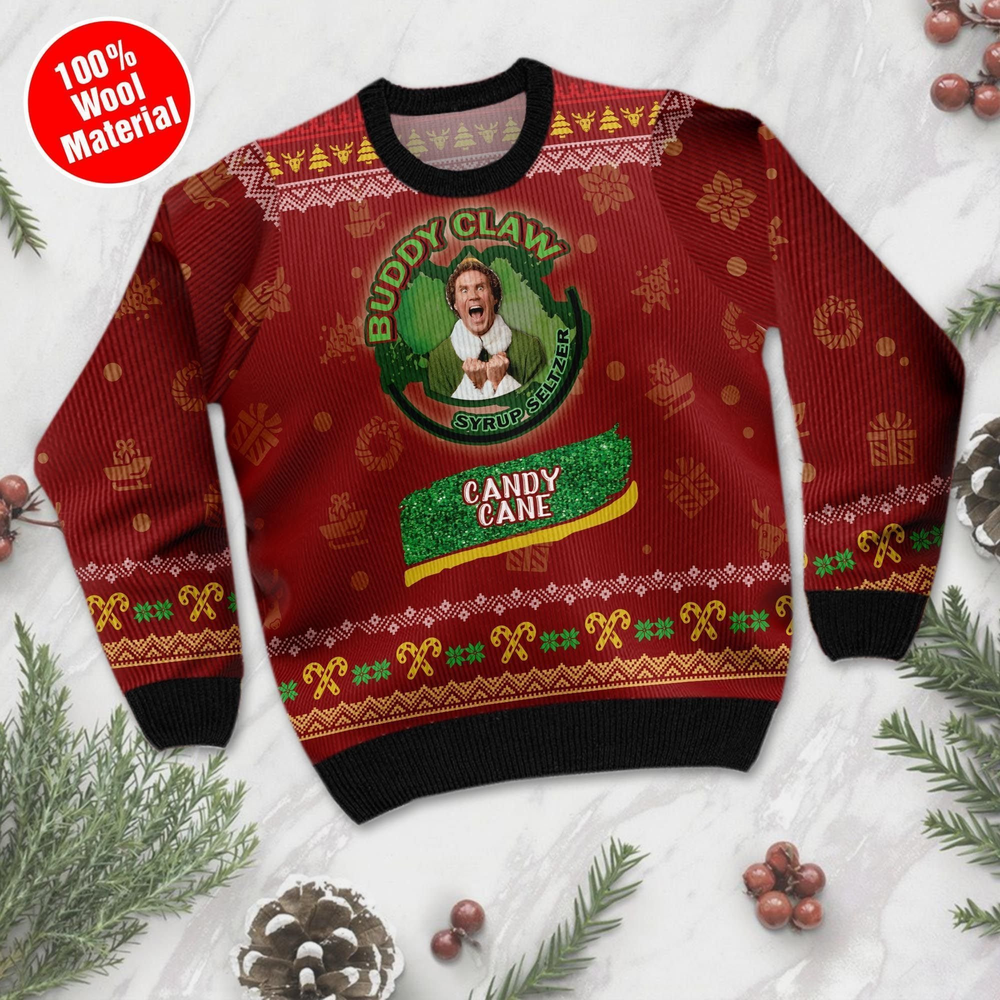 Elf Honest Buddy Claw Syrup Seltzer Candy Cane At Christmas Time Ugly Christmas Sweater Adult 3D Funny Matching for family - Image 2
