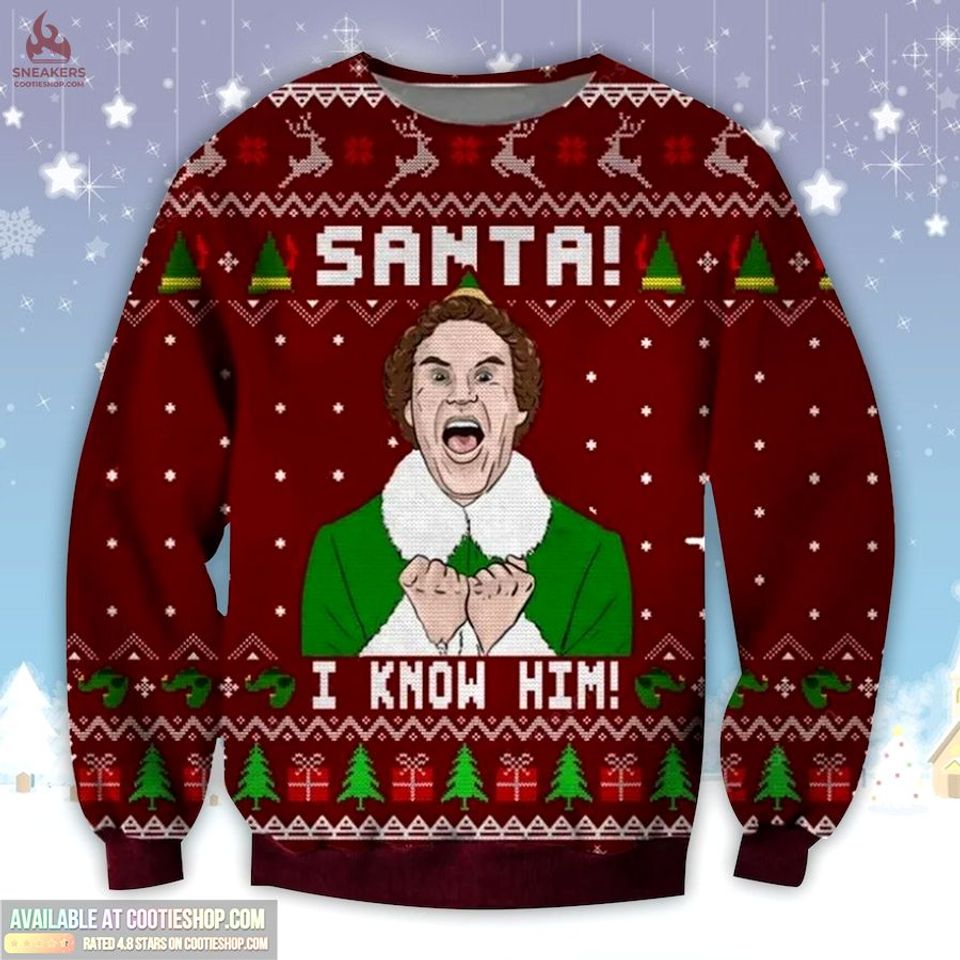 Elf Santa I Know Him All-Over Print Thicken Ugly Sweater, Christmas Gift