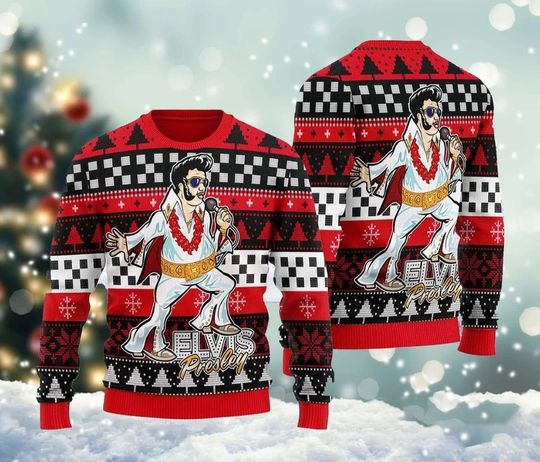 Elvis Presley Meme Ugly Christmas Sweater, Elvis Presley with Santa Christmas 2023 - Image 2