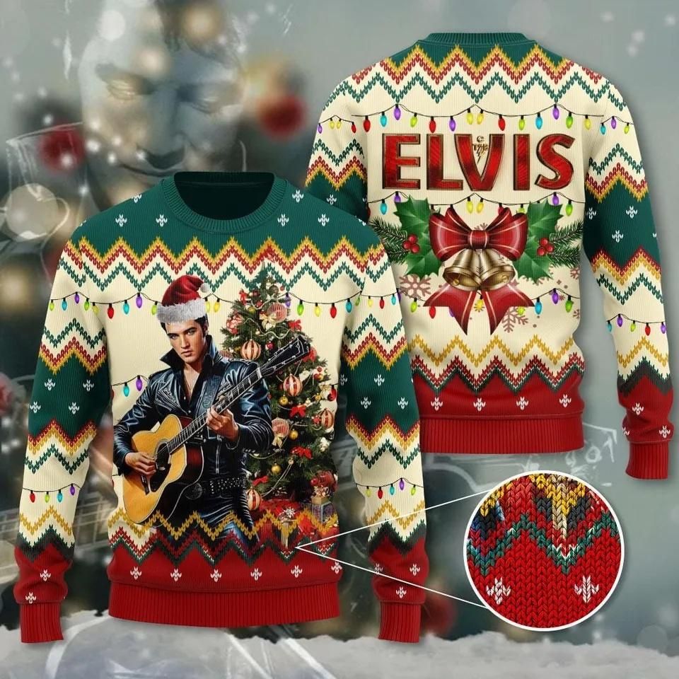 Elvis Presley Santa Hat Ugly Sweater, The King Of Rock N Roll Christmas Sweater