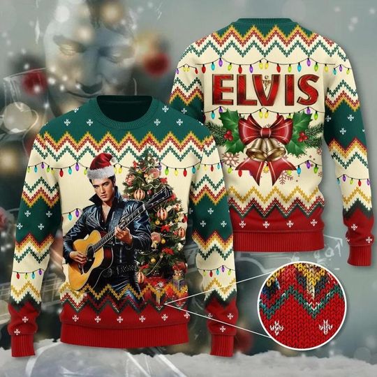 Elvis Presley Santa Hat Ugly Sweater, The King Of Rock N Roll Christmas Sweater - Image 7
