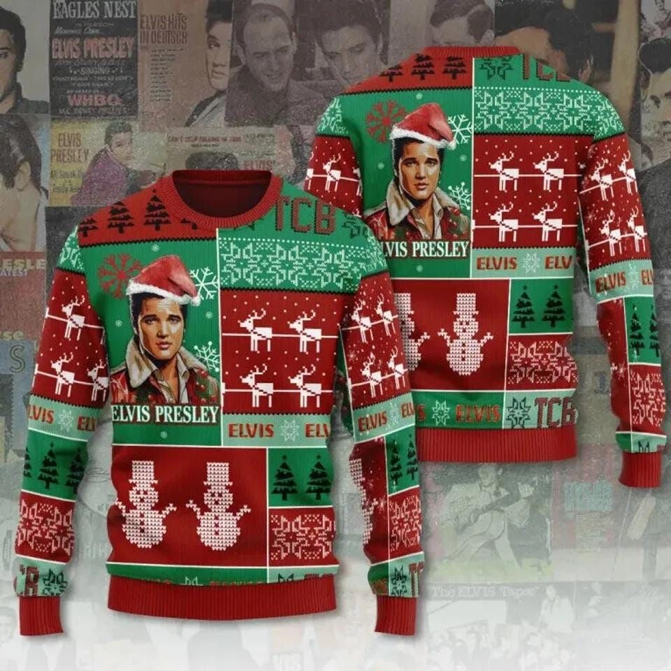 Elvis Presley Santa Hat Ugly Sweater, The King Of Rock N Roll Christmas Ugly Sweatshirts