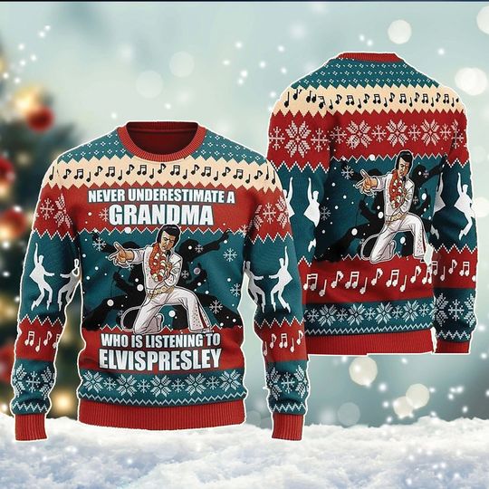 Elvis Presley Singer Ugly Xmas Sweater, Rock n Roll All Over Print Sweater, Music Singer Merch, Gift For Fan - Image 2