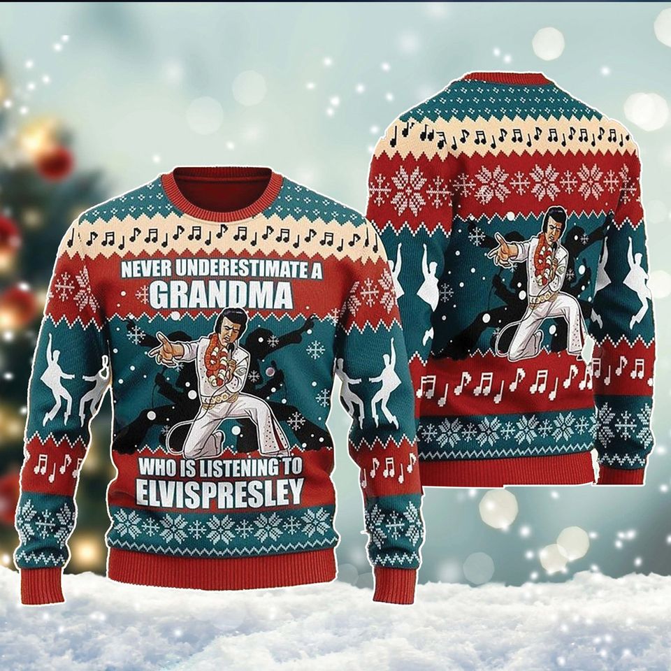 Elvis Presley Singer Ugly Xmas Sweater, Rock n Roll All Over Print Sweater, Music Singer Merch, Gift For Fan