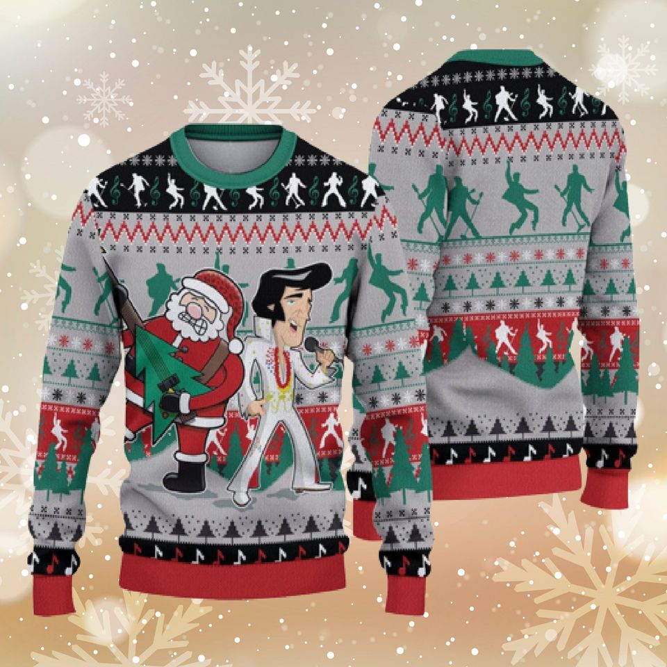 Elvis Presley with Santa Christmas 2023 PREMIUM Ugly Sweater 3D Over Print