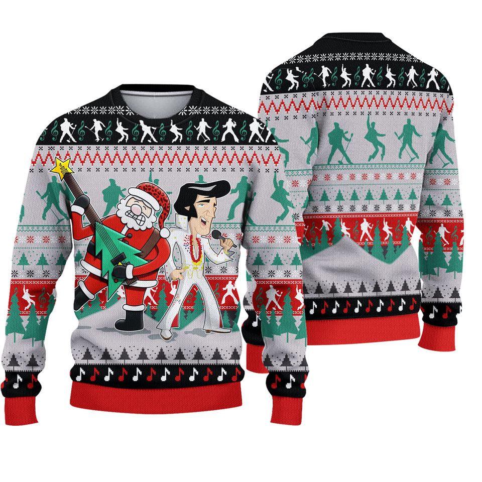 Elvis Presley with Santa Christmas 2023 Ugly Sweater