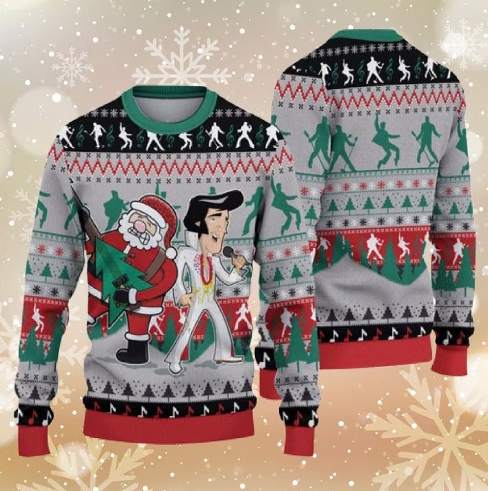 Elvis Presley with Santa Christmas 2023 Ugly Xmas Sweater, Merry Xmas Ugly Sweater