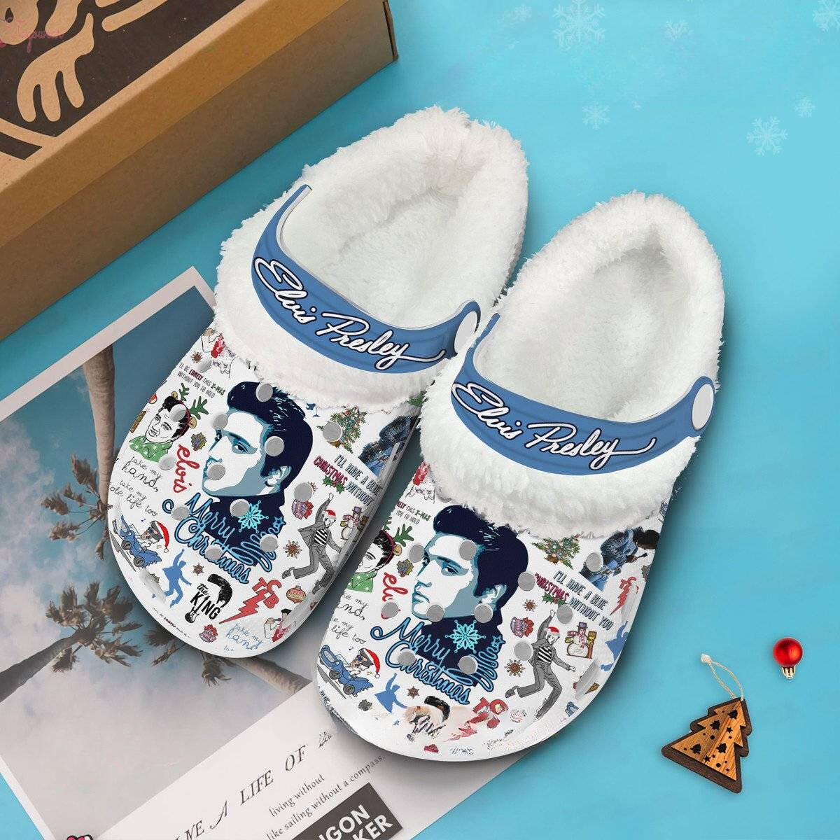 Elvis Presley x Christmas Crocs Crocband Fleece Lined Clogs Shoes Comfortable For Men Women and Kids In Winter