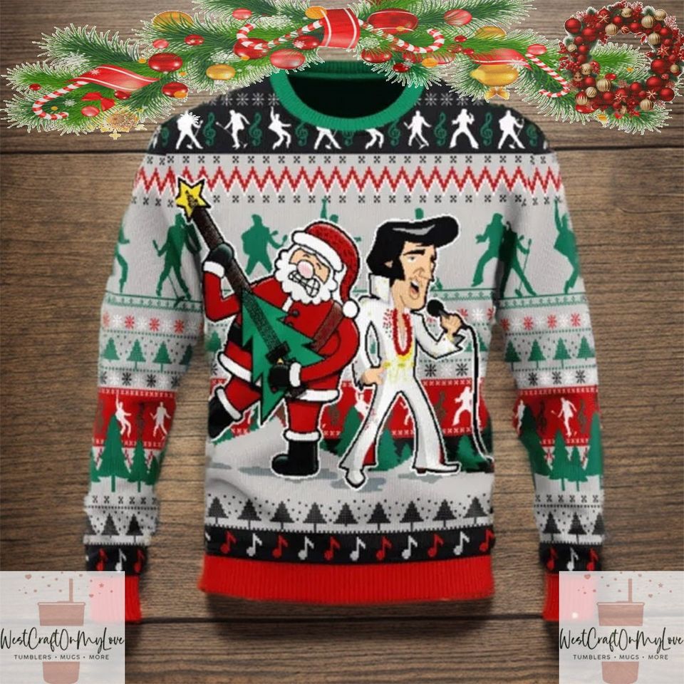 Elvis with Santa Ugly Christmas Sweaters, Christmas Holiday Sweaters 3D Sweaters