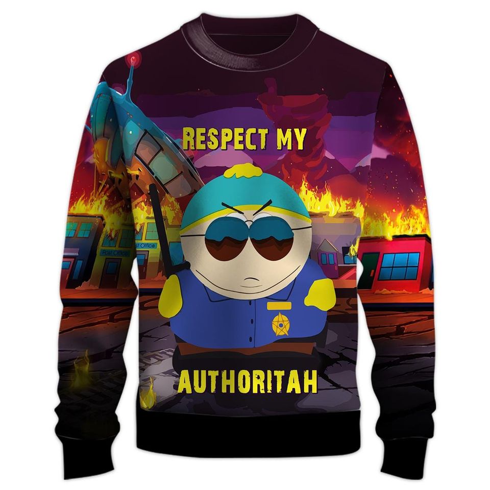 Eric Quote Respect My Authoritah SP Cartoon Sweatshirt with Crew Neck and Long Sleeve, 3D Printed Graphic - Image 3
