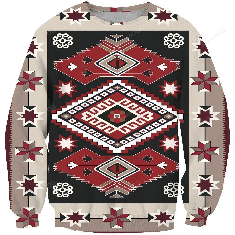 Ethnic Tribal Red Brown Pattern Ugly Christmas Sweater Adult 3D Funny Matching for family